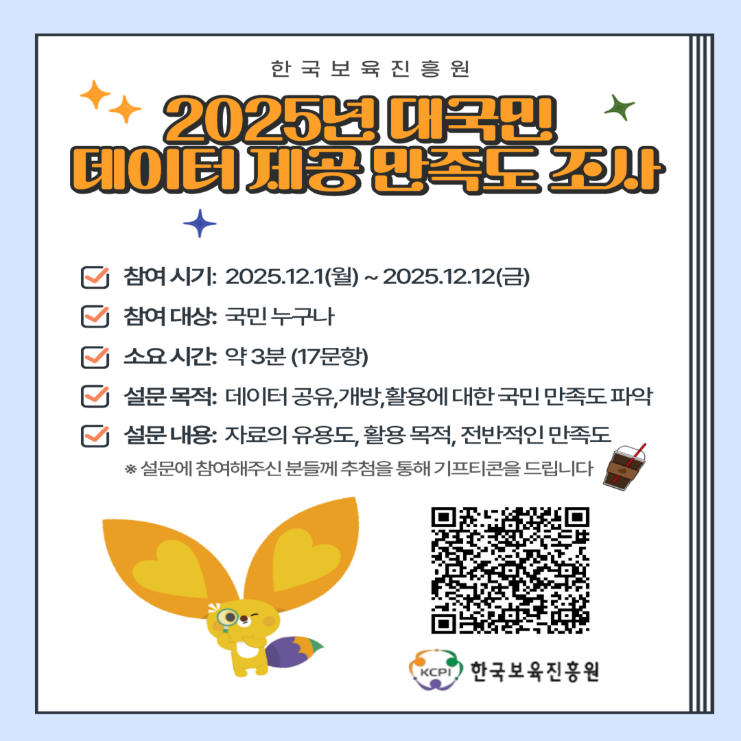 한국보육진흥원
2025년 대국민
데이터 제공 만족도 조사

-참여 시기: 2025.12.1(월)~2025.12.12(금)
-참여 대상: 국민 누구나
-소요 시간: 약 3분(17문항)
-설문 목적: 데이터 공유, 개방, 활용에 대한 국민 만족도 파악
-설문 내용: 자료의 유용도, 활용 목적, 전반적인 만족도
※설문에 참여해주신 분들께 추첨을 통해 기프티콘을 드립니다
[QR코드 이미지]
KCPI 한국보육진흥원